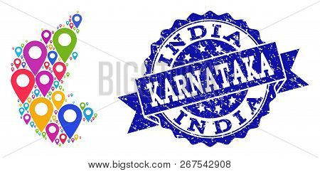 Compositions Of Colorful Map Of Karnataka State And Grunge Stamp Seal. Mosaic Vector Map Of Karnatak