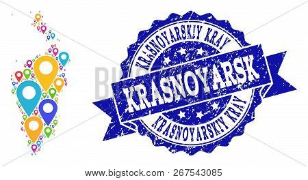 Compositions Of Colorful Map Of Krasnoyarskiy Kray And Grunge Stamp Seal. Mosaic Vector Map Of Krasn
