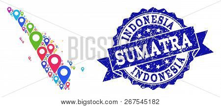 Compositions Of Bright Map Of Sumatra Island And Grunge Stamp Seal. Mosaic Vector Map Of Sumatra Isl