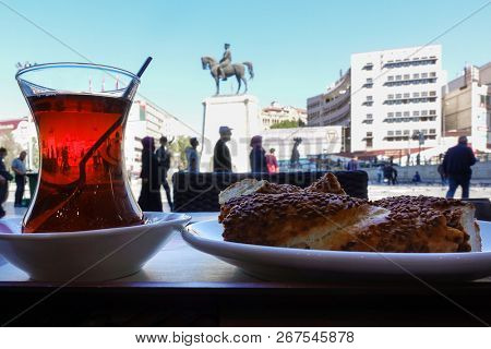 Turkish tea and simit (Turkish bagel) in Ulus Square - Ankara, Turkey