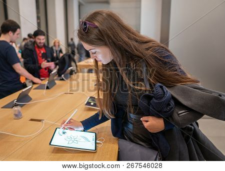 Barcelona, Spain - November 07, 2018: Woman Holding A New Ipad Pro