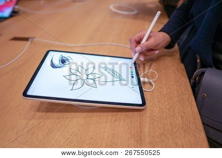 Barcelona, Spain - November 07, 2018: Woman Holding A New Ipad Pro
