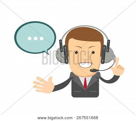 Smiling Male Operator With Headset Working At Call Center. Customer Service Concept. Stock Flat Vect