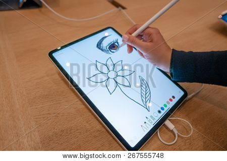 Barcelona, Spain - November 07, 2018: Woman Holding A New Ipad Pro