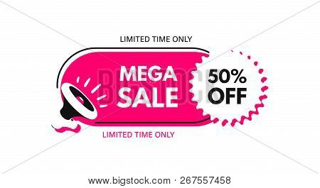 Mega Sale. 50% Off. Megaphone With Bubble Speech. Concept For Promotion And Advertising. Sticker For