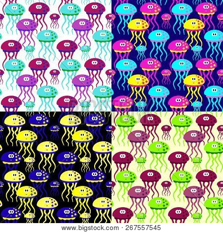 Vector Nautic Seamless Pattern With Bright Multicolor Jellyfish On The Multicolor Backgrounds.