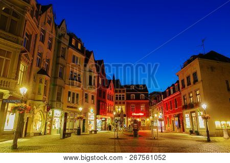 Small Square In The Old Town Of Aachen, Germany, At Night
