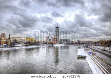 Moscow, Russia - January 11.2012: View Of The Moskva River, House Of Music, Krasnokholmskaya And Kos