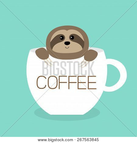 Sloth Sitting In Coffee Cup Teacup. Face And Hands. Cute Cartoon Character. Wild Jungle Animal Colle