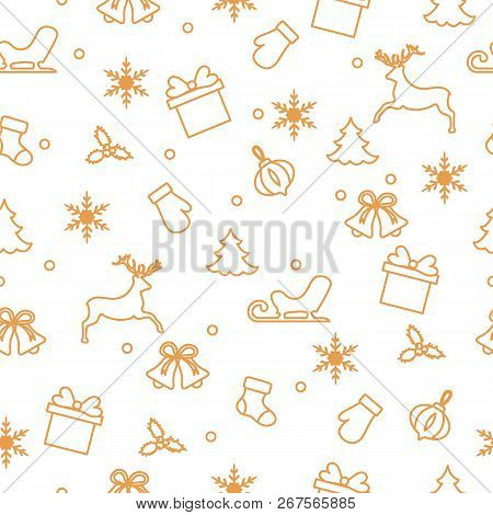 Happy New Year 2019 And Christmas Seamless Pattern. Winter Illustration With Mittens, Sled, Gift, Sn