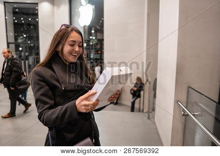 Barcelona, Spain - November 07, 2018: Woman Holding A New Ipad Pro