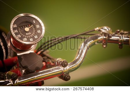Close Up Shot With The Speedometer Of A Vintage Motorcycle.