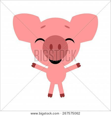 Symbol Of 2019. Cute Vector Pig. Cartoon Happy Character. White Background. Flat Design. Vector.