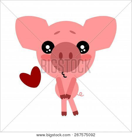 Symbol Of 2019. Cute Vector Pig. Piggy Kissing. White Background. Flat Design. Vector.