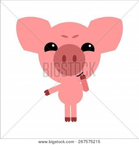Symbol Of 2019. Cute Vector Pig. Piggy Thinks. White Background. Flat Design. Vector.