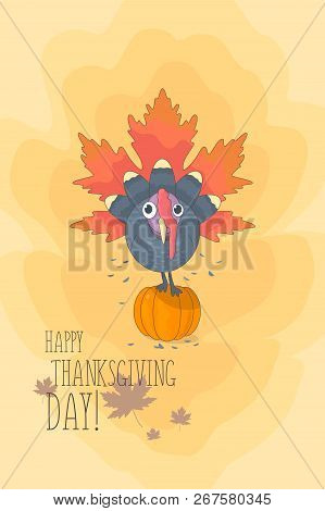 Thanksgiving Day Colorful Greeting Card Banner With A Picture Of A Turkey Sitting On A Pumpkin