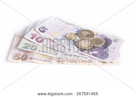 Turkish Lira Bills And Coins On Black And White Background