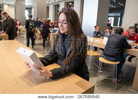 Barcelona, Spain - November 07, 2018: Woman Holding A New Ipad Pro