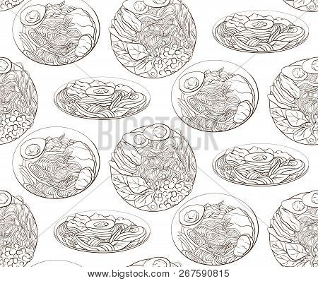Seamless Pattern With Contour Black And White Cartoon Illustration Of  Ramen In Different Angles. No
