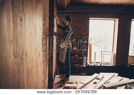 Engineer Constructor People Person Concept. Side Profile Full Body Size Photo Of Handsome Serious Be