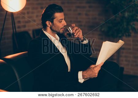 Profile Side View Photo Of Un-shaven People Man Trendy Formal Wear Tuxedo And Chic Blazer Sir On Cou