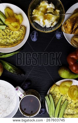 Ingredients Of Healthy Dietary Food Breakfas Vegetarian Friendly. Top View