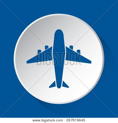 Airliner With Four Turbojet Motors - Simple Blue Icon On White Button With Shadow In Front Of Blue S