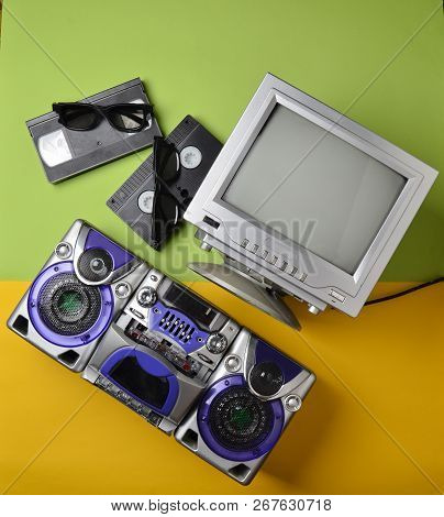 Retro Media Technologies. Entertainment 80s. Black White Lamp Tv, Tape Recorder, Video Cassette, 3d 