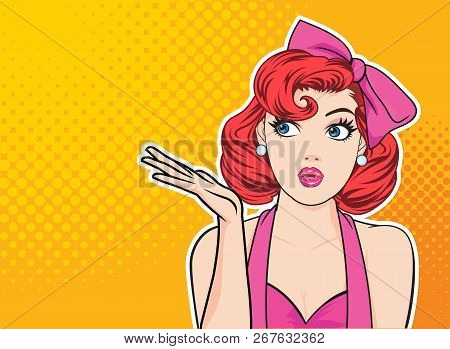 Woman Presents Some Product With Dot Background Pop Art Comics Style.
