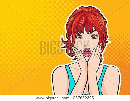 Surprised Woman Face With Open Mouth With Pink Lips With Dot Background Pop Art Comics Style.