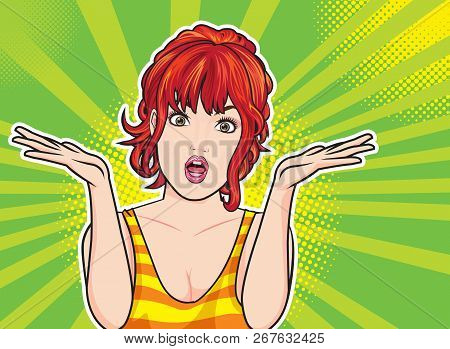 Young Woman Spread Her Hand And Shrugging Shoulder By Pop Art Retro Vector Illustration Vintage Styl