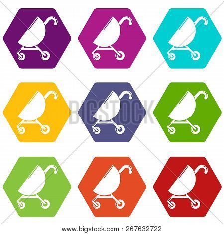 Baby Carriage Pink Icons 9 Set Coloful Isolated On White For Web
