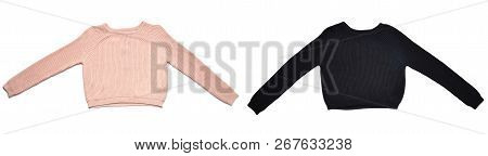 Pink And Black Woolen Female Sweaters Isolated On White Background. Women's Trend Clothes. Top View.