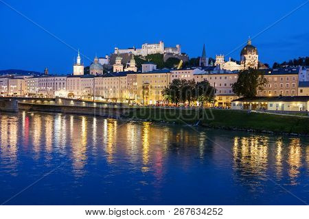 Great View On An Evening City Shining In The Lights, Location Famous Place (unesco Heritage) Festung