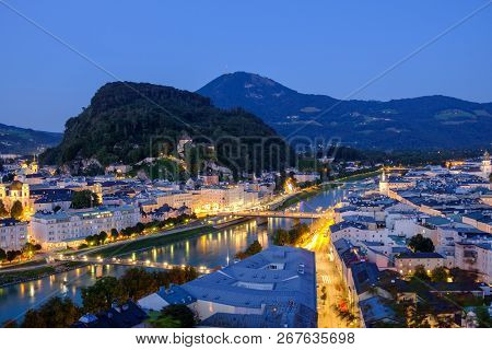 Great View On An Evening City Shining In The Lights, Location Famous Place (unesco Heritage) Festung