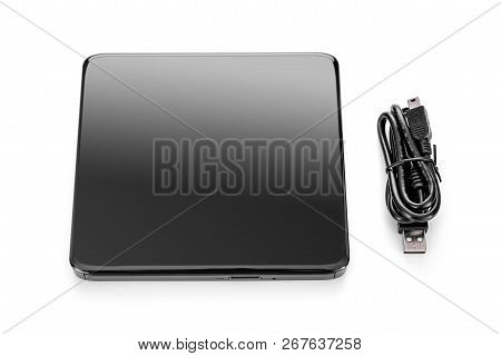 External Modern Drive Cd-rom Usb Isolated On A White Background.