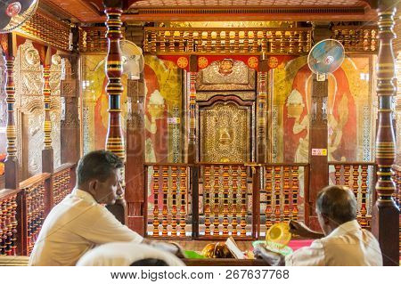 Kandy, Sri Lanka - July 19, 2016: White Clothed Buddhist Devotees In The Temple Of Sacred Tooth Reli
