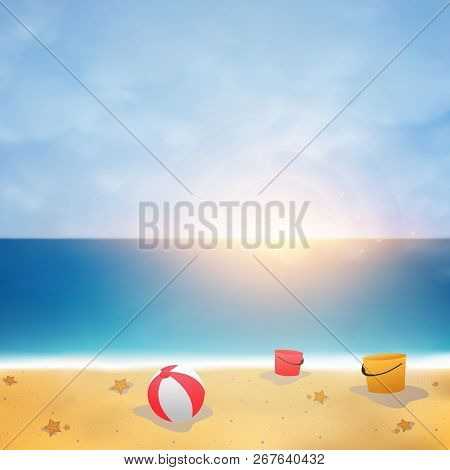 Aummer Background On Blue Sky Beach With Sunny Burst, Vector Eps10