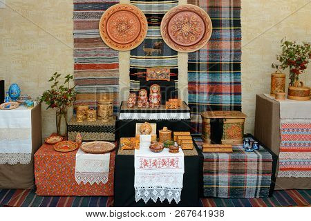 Decorative Plates, Caskets And Box Of Birch Bark With Hand-painted, Rugs And Lace. Handcrafted Vinta