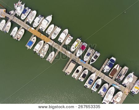 Yachts At Pier Aerial View In Hingham Harbor Near Boston, Massachusetts, Usa.