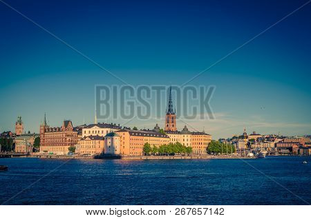 Riddarholmen Island District With Riddarholm Church Spires And Typical Sweden Colorful Gothic Buildi