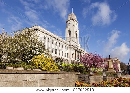 Barnsley Town Hall On A Fine Spring Day, With Blue Sky And Gardens In Bloom.