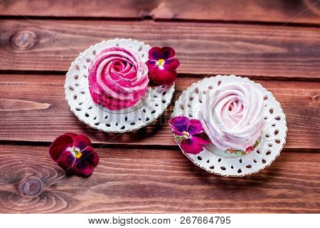Sweet Dessert White, Pink Zephyr Marshmallows On Clay Plate And Rustic Wooden Background.marshmallow