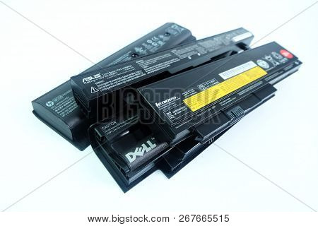 Bangkok, Thailand - August 1, 2018 Pile Of Used Laptop Computer Battery Or Notebook Battery Many Bra