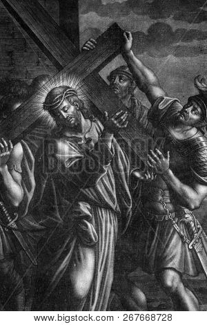 BLATO, CROATIA - MARCH 22: 2nd Stations of the Cross, Jesus is given his cross, Church of All Saints in Blato, Korcula island, Croatia, on March 22, 2017.
