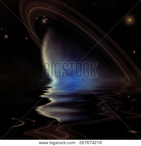 Exosolar Planet Rise over quiet waters. 3D rendering