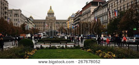 Praha, Czech Republic - October 28,  2018 - Rainy Vaclavske Namesti Square In Day Of Centenary Of Th