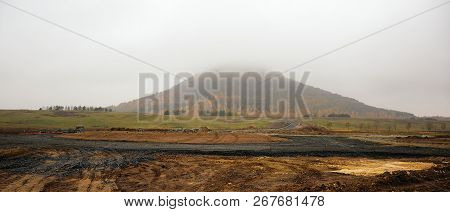 Most, Czech Republic - November 04, 2018: Building Of A Circular Junction Near Hnevin Hill In Autumn
