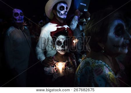 Merida, Cementerio General, Mexico - 31 October 2018: Customed Participants Of The Parade With Skull