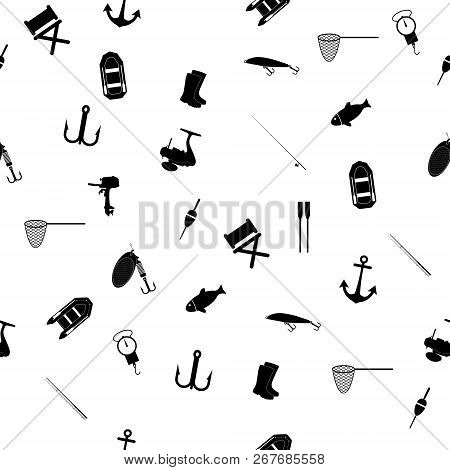 Hand Drawn Fishing Elements. Graphic Vector Seamless Pattern